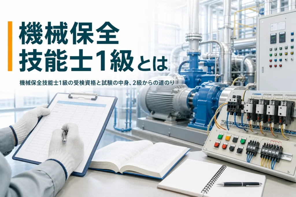 機械保全技能士1級の受検資格・試験の内容・2級からの道のりを紹介する記事のアイキャッチ。工場の設備と点検計画表を持つ手元
