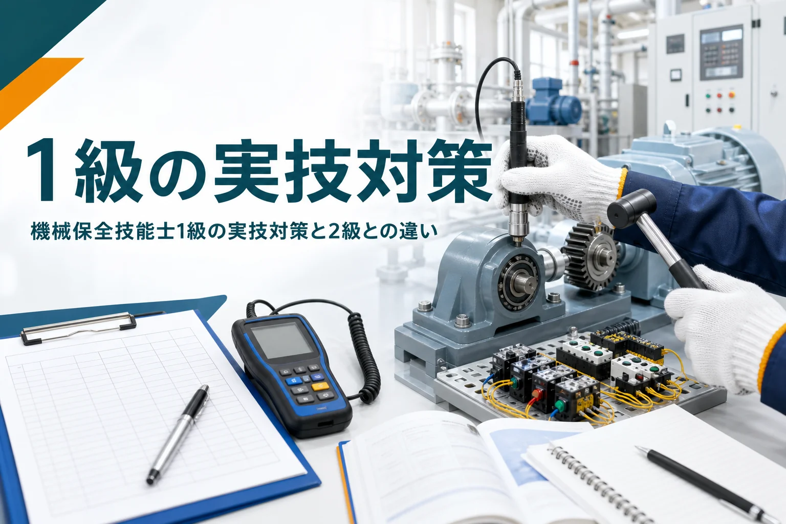機械保全技能士1級の実技対策を紹介する記事のアイキャッチ。機械部品を点検する手元と点検チェック表