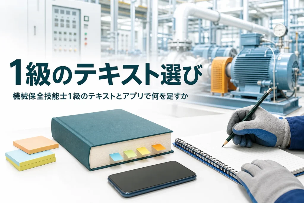 機械保全技能士1級のテキストとアプリの選び方を紹介する記事のアイキャッチ。教科書とスマートフォンが並ぶ机