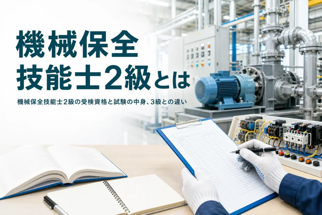 機械保全技能士2級の受検資格・試験の内容・3級との違いを紹介する記事のアイキャッチ。工場の設備と点検チェック表を持つ手元