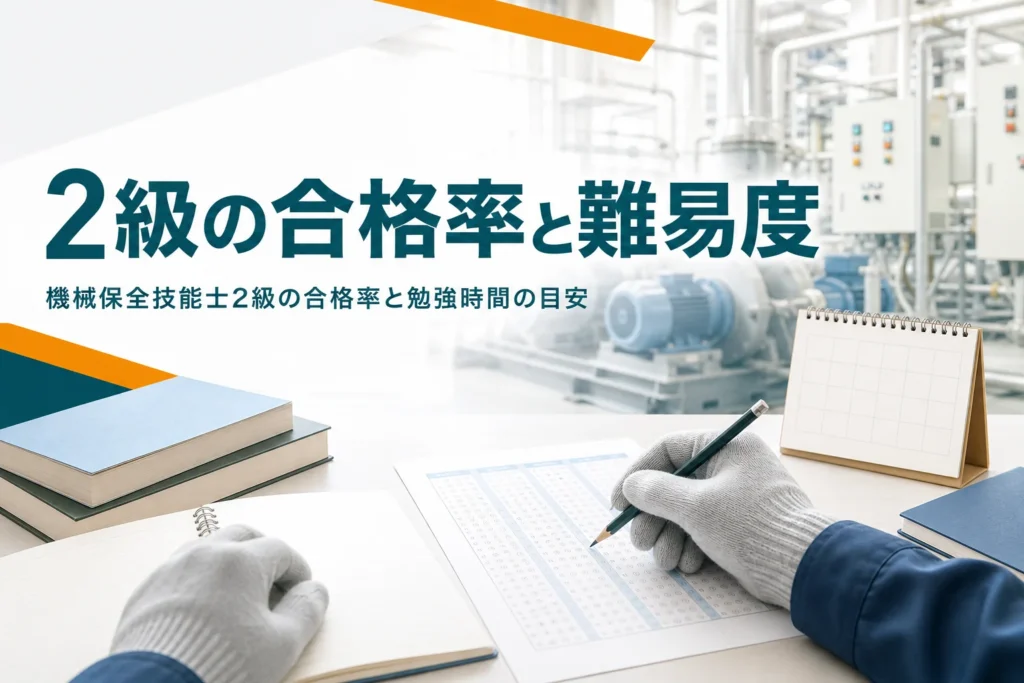 機械保全技能士2級の合格率・難易度と勉強時間の目安を紹介する記事のアイキャッチ。教科書と答案用紙、カレンダーが置かれた机