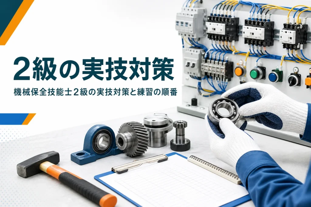 機械保全技能士2級の実技対策を紹介する記事のアイキャッチ。機械部品と実技練習用の盤が並ぶ作業台