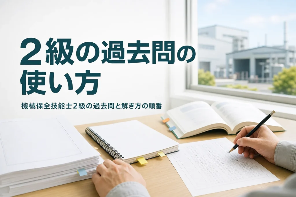 機械保全技能士2級の過去問の見方と解き方を紹介する記事のアイキャッチ。問題用紙とマークシートが置かれた机