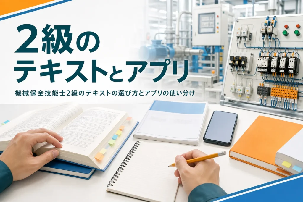 機械保全技能士2級のテキストと問題アプリの選び方を紹介する記事のアイキャッチ。教科書とスマートフォンが置かれた机
