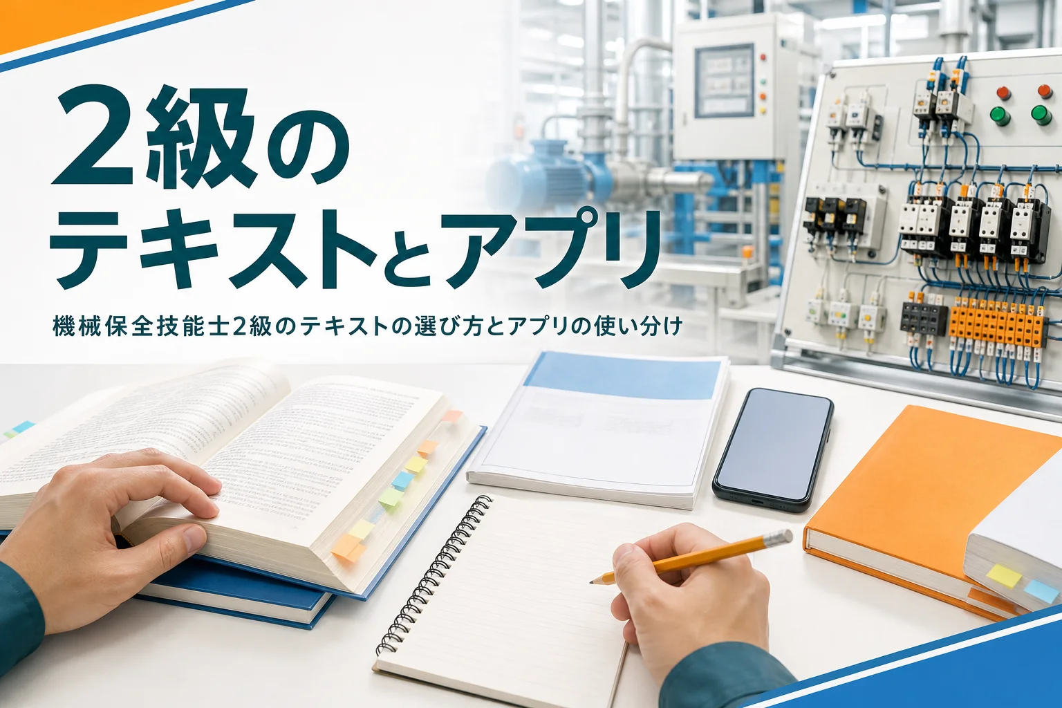 機械保全技能士2級のテキストと問題アプリの選び方を紹介する記事のアイキャッチ。教科書とスマートフォンが置かれた机