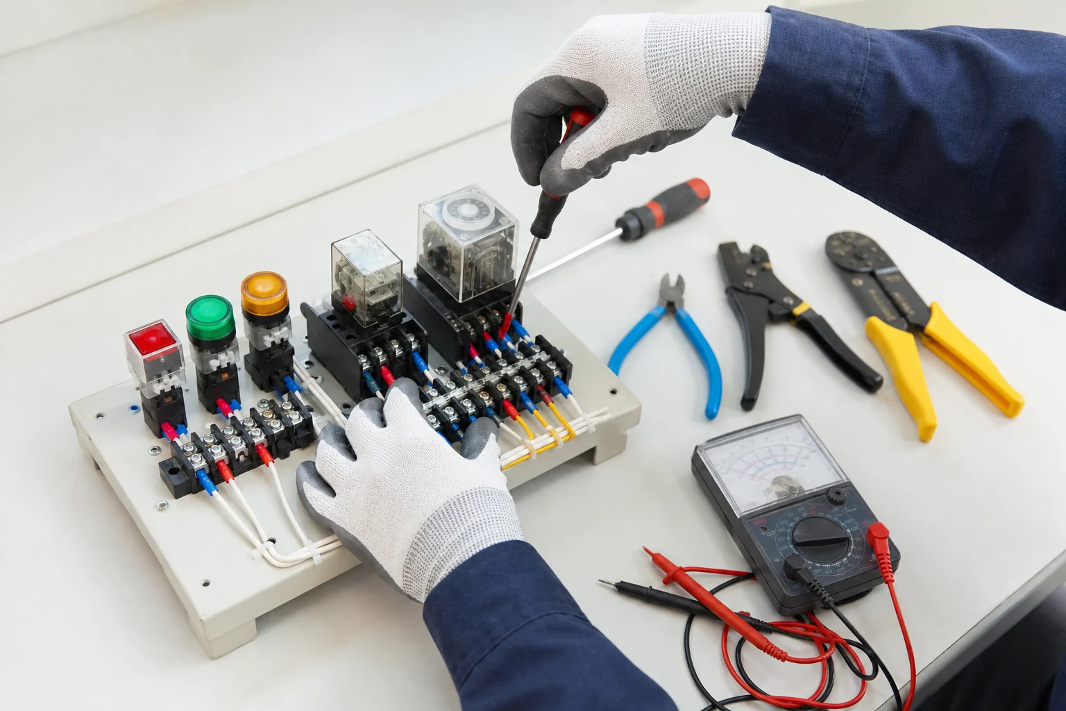電気系保全作業の実技で使うような練習用の盤と、3級で持参する工具が並んだ作業台