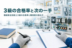 機械保全技能士3級の合格率と難易度を紹介する記事のアイキャッチ。答案用紙と教科書が置かれた机
