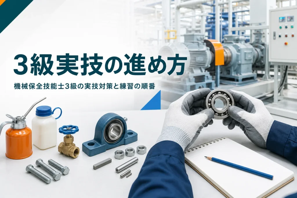 機械保全技能士3級の実技対策を紹介する記事のアイキャッチ。軸受やボルト、バルブなどの部品とノートが並ぶ作業台