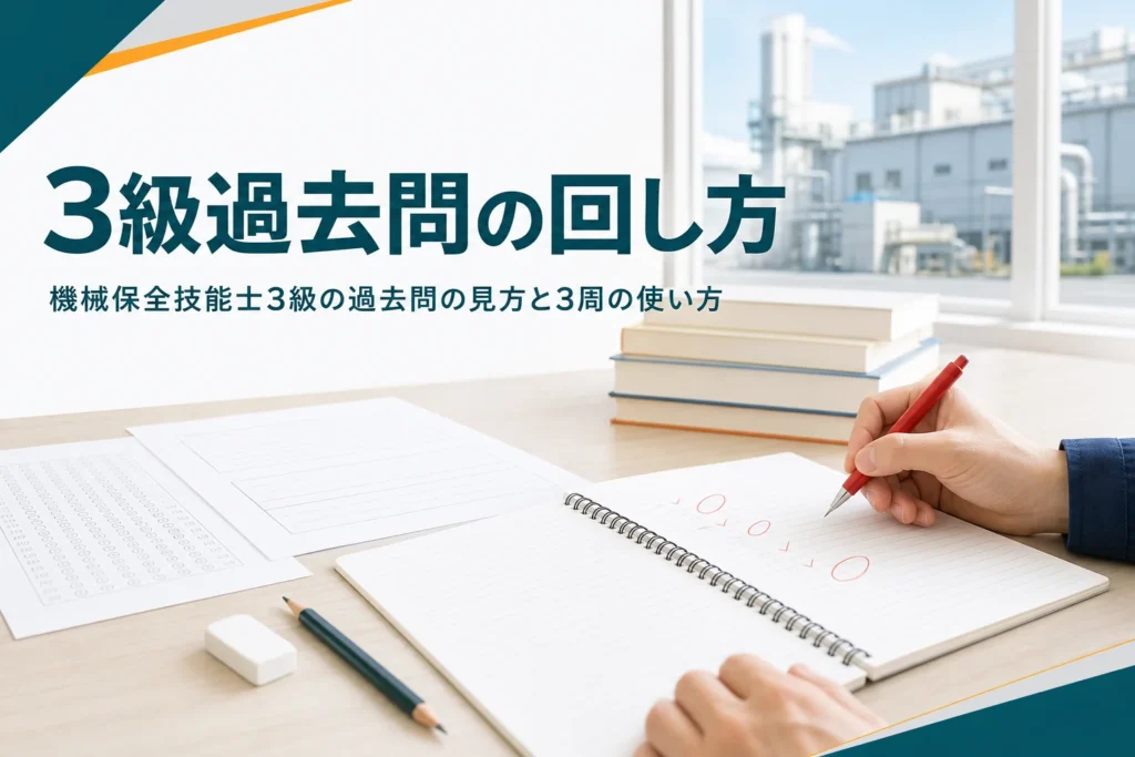 機械保全技能士3級の過去問の使い方を紹介する記事のアイキャッチ。問題用紙とノートが置かれた机