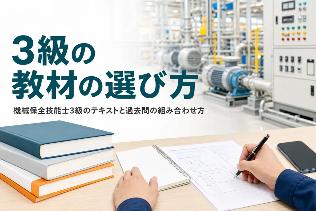 機械保全技能士3級のテキストの選び方を紹介する記事のアイキャッチ。教科書とノート、問題用紙が置かれた机