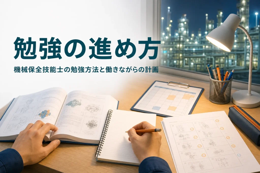 機械保全技能士の勉強方法を紹介する記事のアイキャッチ。教科書と問題用紙、手書きの計画表が並ぶ机