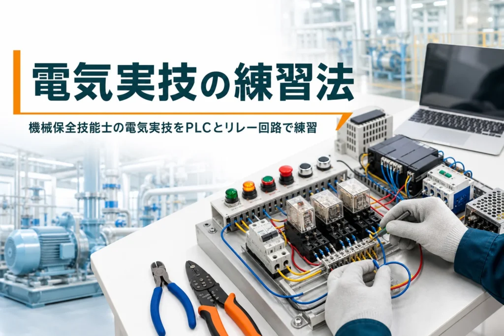 機械保全技能士の電気実技の練習の進め方を紹介する記事のアイキャッチ。練習用の盤に配線する手元