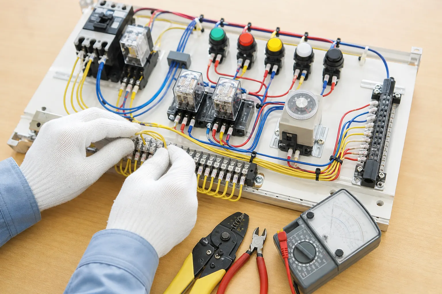 機械保全技能士の電気実技で使う練習用の盤と配線、工具の写真