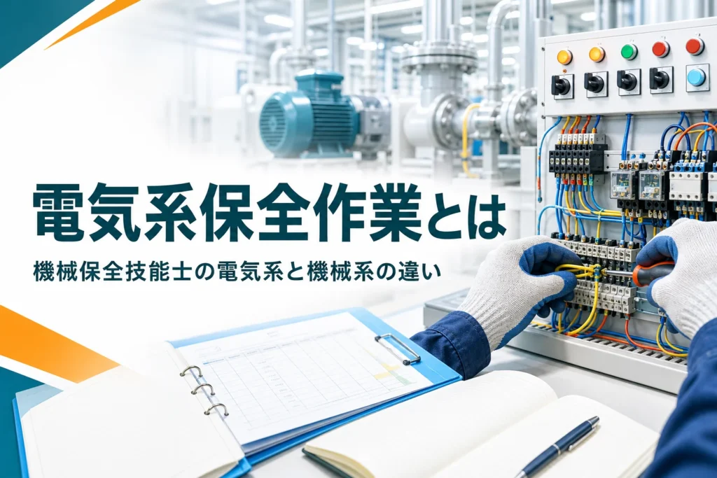機械保全技能士の電気系保全作業を紹介する記事のアイキャッチ。練習用の盤と配線を扱う手元