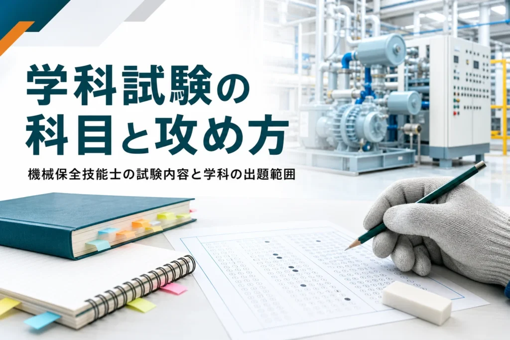 機械保全技能士の学科試験の出題範囲と科目ごとの攻め方を紹介する記事のアイキャッチ。教科書とマークシートが置かれた机