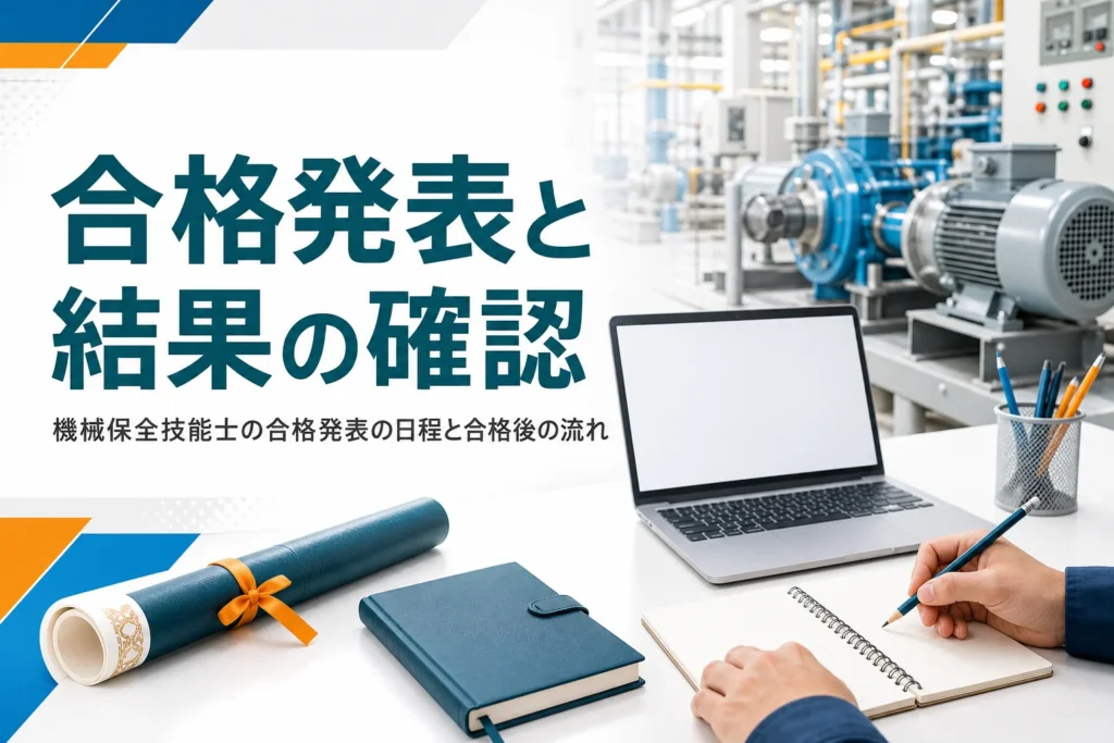 機械保全技能士の合格発表の日程と結果の確認方法を紹介する記事のアイキャッチ。ノートパソコンと書類が置かれた工場の机