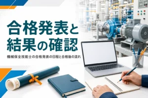 機械保全技能士の合格発表の日程と結果の確認方法を紹介する記事のアイキャッチ。ノートパソコンと書類が置かれた工場の机
