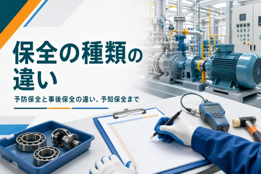 予防保全・事後保全・予知保全の違いを紹介する記事のアイキャッチ。工場の設備と点検表に記入する手元