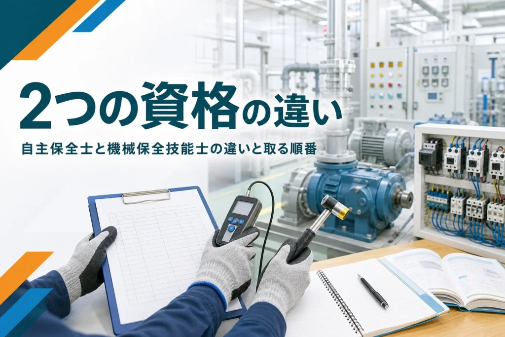 自主保全士と機械保全技能士の違いと取る順番を紹介する記事のアイキャッチ。点検表を持つ手元と工場の設備