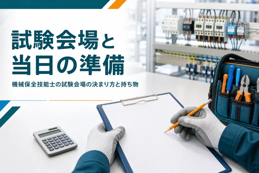 機械保全技能士の試験会場の決まり方と当日の持ち物を紹介する記事のアイキャッチ。書類と工具が置かれた作業台