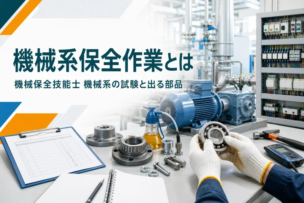 機械保全技能士の機械系保全作業の試験内容と出題例の部品を紹介する記事のアイキャッチ。作業台の軸受やバルブと点検する手元