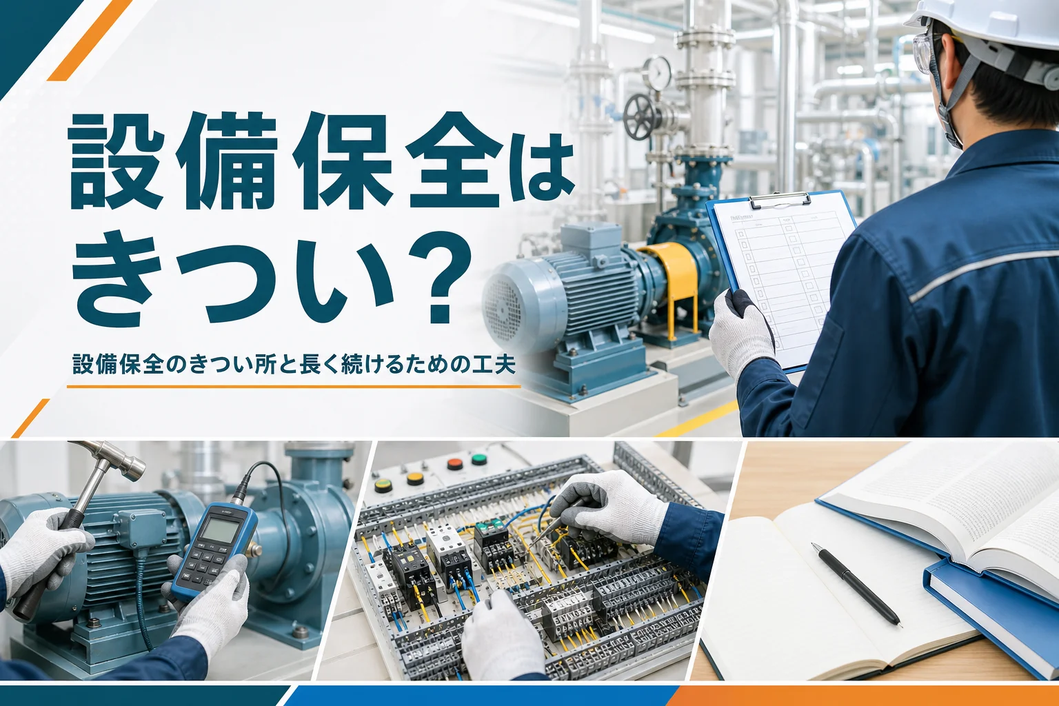 設備保全の仕事のきつい所と長く続ける工夫を紹介する記事のアイキャッチ。保護具を着けて設備を点検する後ろ姿