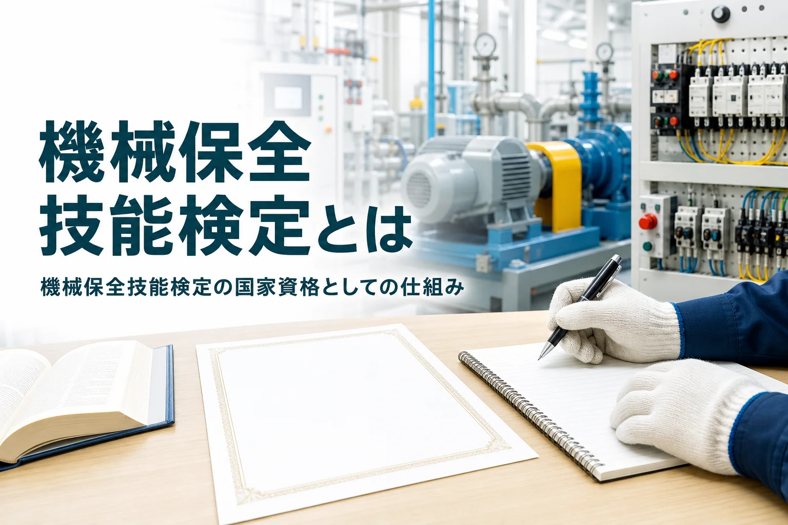 機械保全技能検定の国家資格としての仕組みと技能士の名乗り方を紹介する記事のアイキャッチ。証書風の書類と教科書が置かれた机