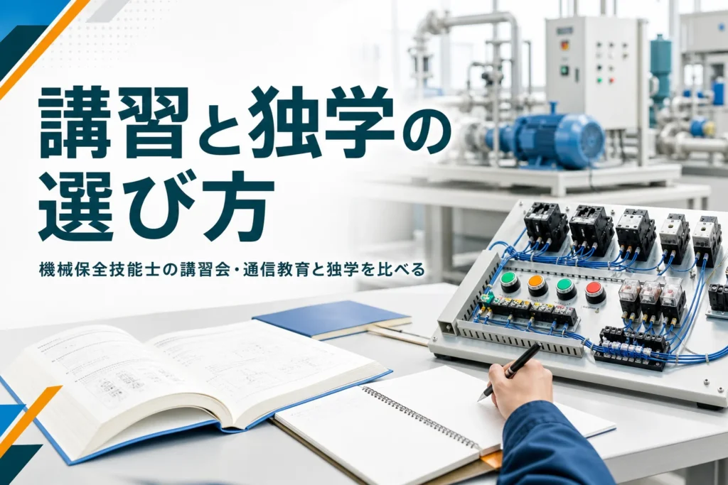 機械保全技能士の講習会や通信教育の選び方を紹介する記事のアイキャッチ。実技練習用の盤と教科書が並ぶ研修室