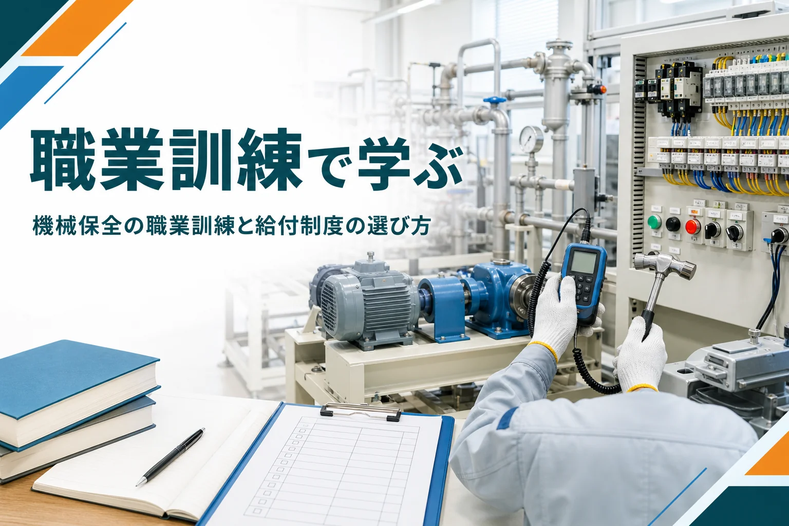 機械保全を職業訓練で学ぶ方法を紹介する記事のアイキャッチ。訓練施設の実習場で設備を点検する後ろ姿