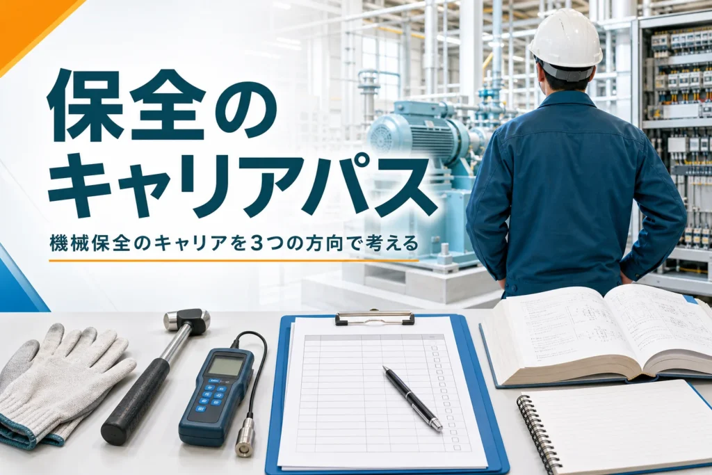 機械保全技能士のキャリアパスを紹介する記事のアイキャッチ。工場の設備と机の上の点検表と教科書