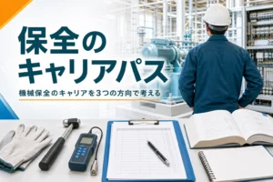 機械保全技能士のキャリアパスを紹介する記事のアイキャッチ。工場の設備と机の上の点検表と教科書