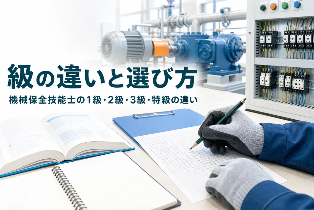 機械保全技能士の1級・2級・3級・特級の違いと受ける級の選び方を紹介する記事のアイキャッチ。教科書と答案用紙が置かれた机