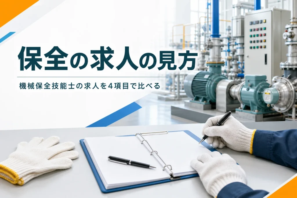 機械保全技能士の求人の探し方と求人票の見方を紹介する記事のアイキャッチ。工場の設備と机の上の書類