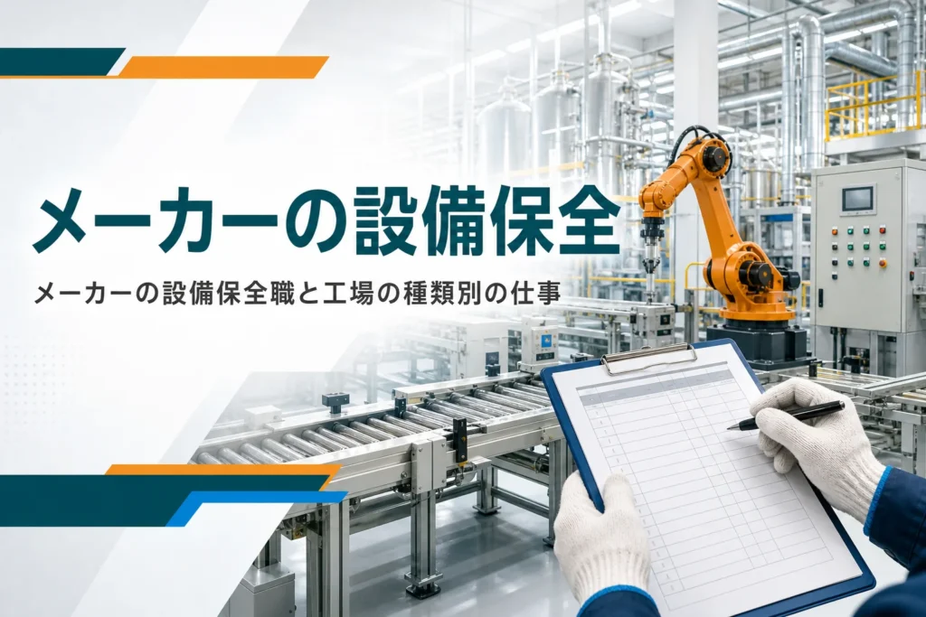 メーカーの設備保全職の仕事と工場の種類別の違いを紹介する記事のアイキャッチ。工場の生産設備と点検表