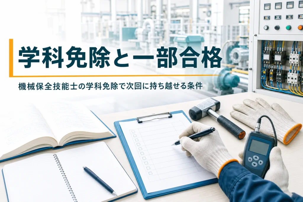 機械保全技能士の学科免除と一部合格を紹介する記事のアイキャッチ。教科書とバインダーが置かれた机