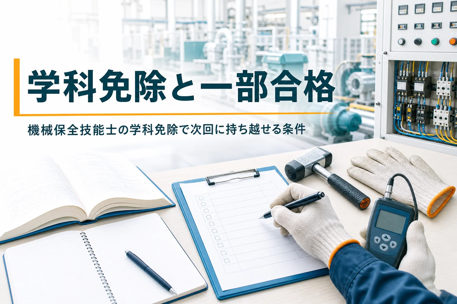 機械保全技能士の学科免除と一部合格を紹介する記事のアイキャッチ。教科書とバインダーが置かれた机