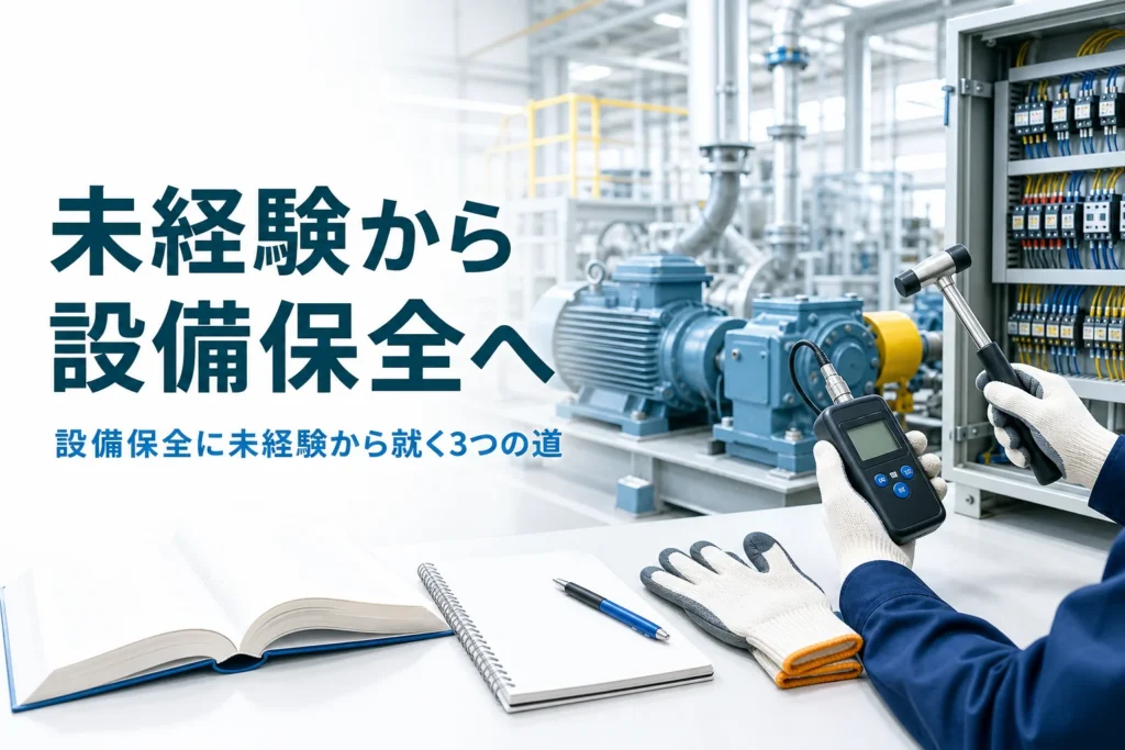 未経験から設備保全の仕事に就く道を紹介する記事のアイキャッチ。工場の設備と机の上の教科書と作業手袋