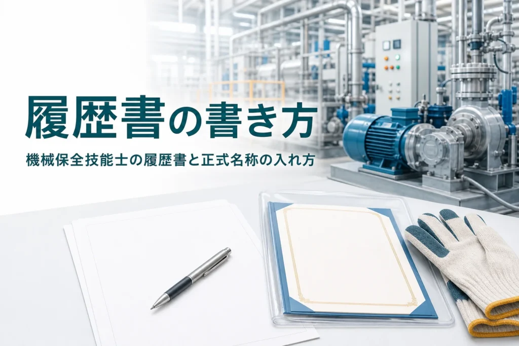 機械保全技能士の履歴書の書き方を紹介する記事のアイキャッチ。応募書類と証書が置かれた机