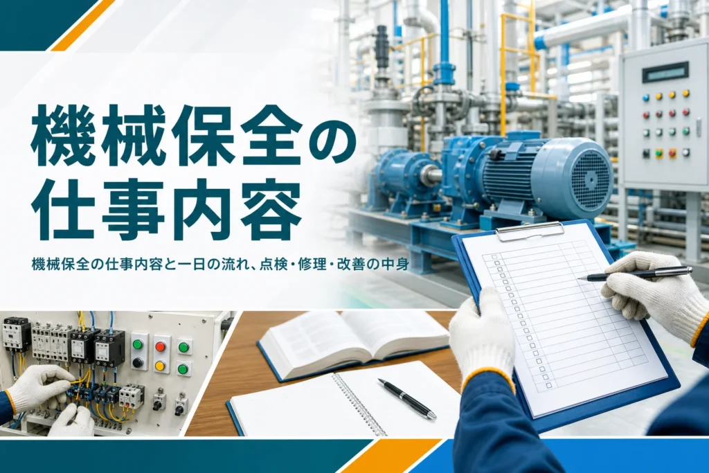 機械保全の仕事内容と一日の流れを紹介する記事のアイキャッチ。工場の設備を点検する手元