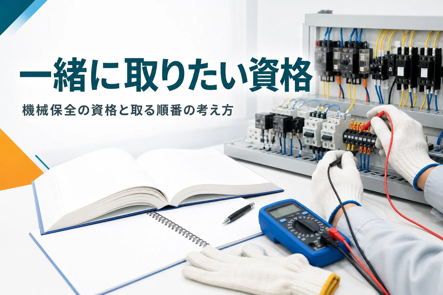 機械保全技能士と一緒に取りたい資格を紹介する記事のアイキャッチ。教科書と回路計、実技練習用の盤が並ぶ机