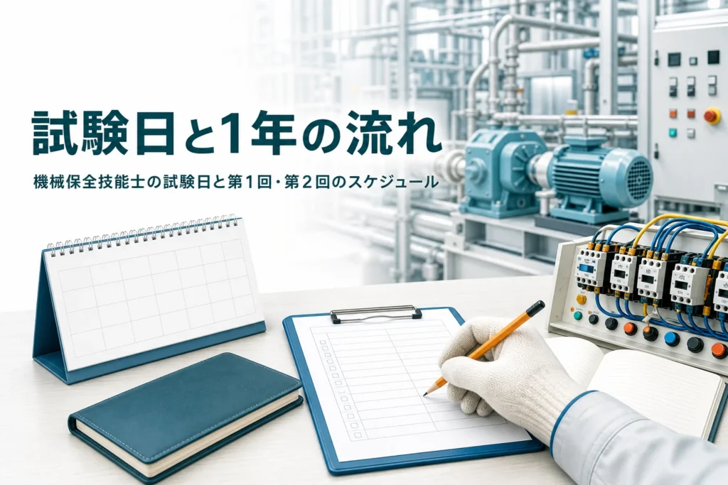 機械保全技能士の試験日と年間スケジュールを紹介する記事のアイキャッチ。カレンダーと手帳が置かれた工場の机
