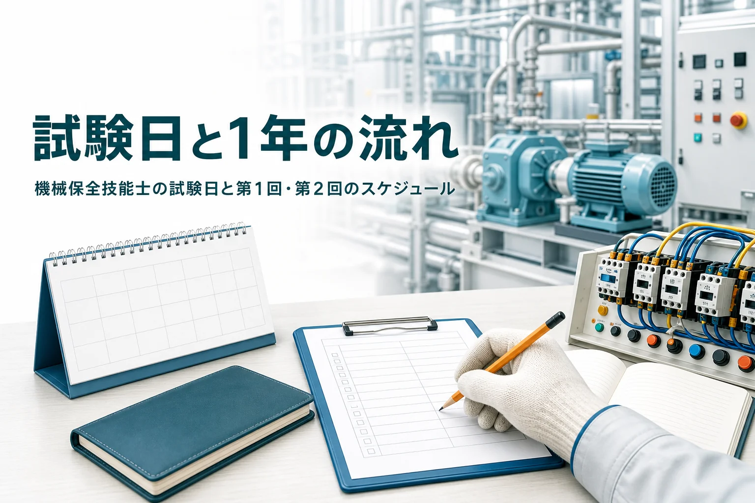 機械保全技能士の試験日と年間スケジュールを紹介する記事のアイキャッチ。カレンダーと手帳が置かれた工場の机