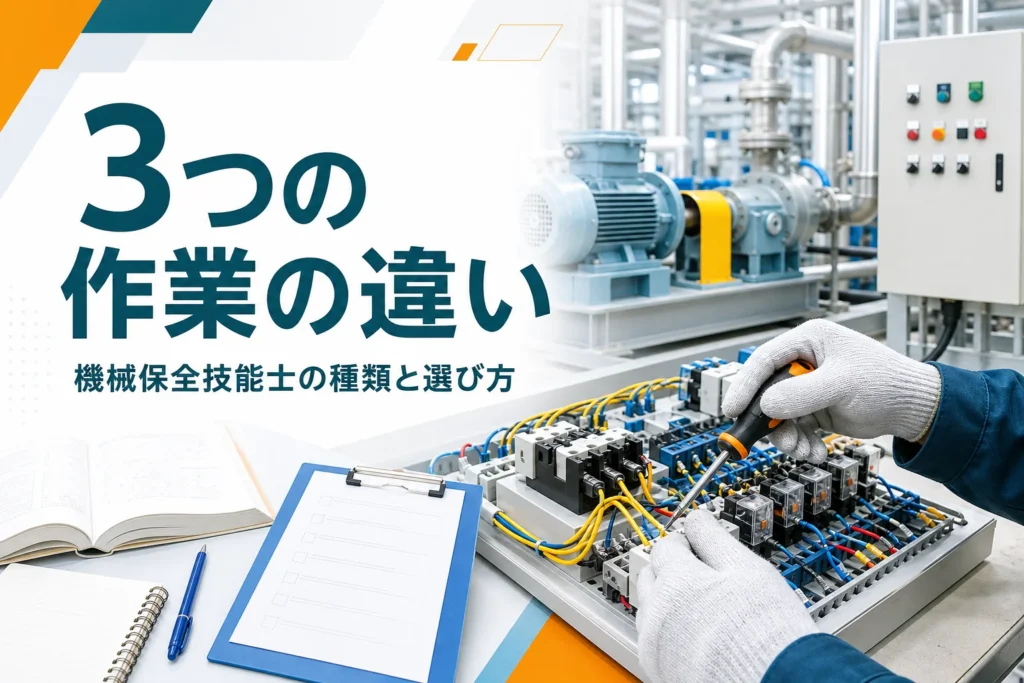 機械保全技能士の種類である機械系・電気系・設備診断の違いと選び方を紹介する記事のアイキャッチ。実技練習用の盤と工場の設備