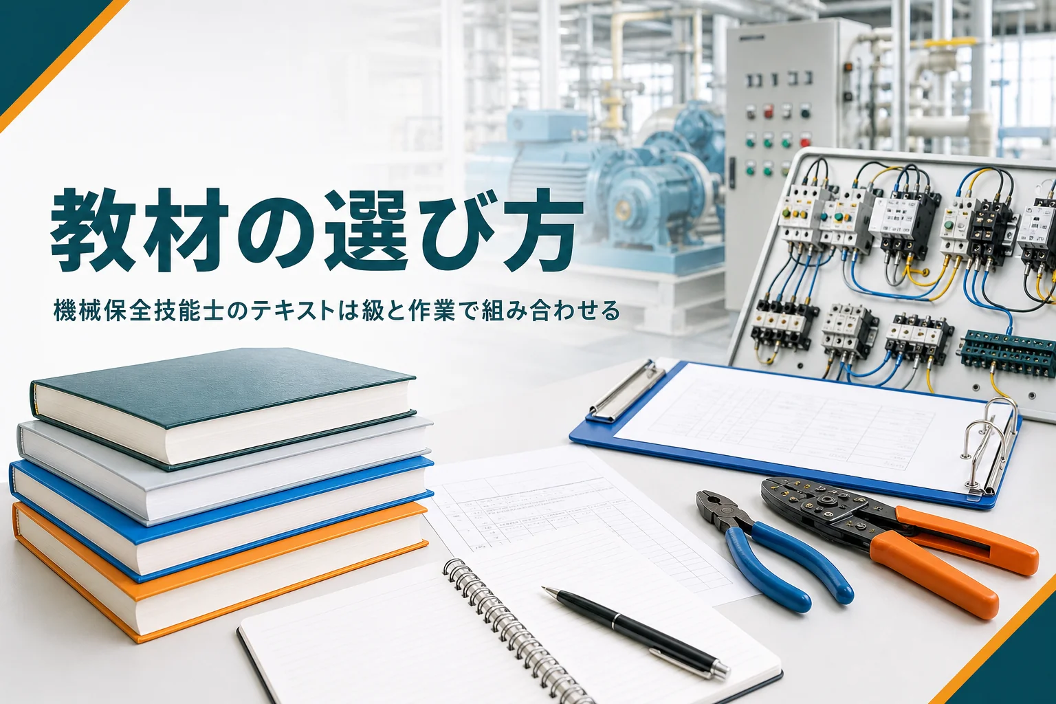 機械保全技能士のテキストと参考書の選び方を紹介する記事のアイキャッチ。教科書と問題用紙、工具が並ぶ机