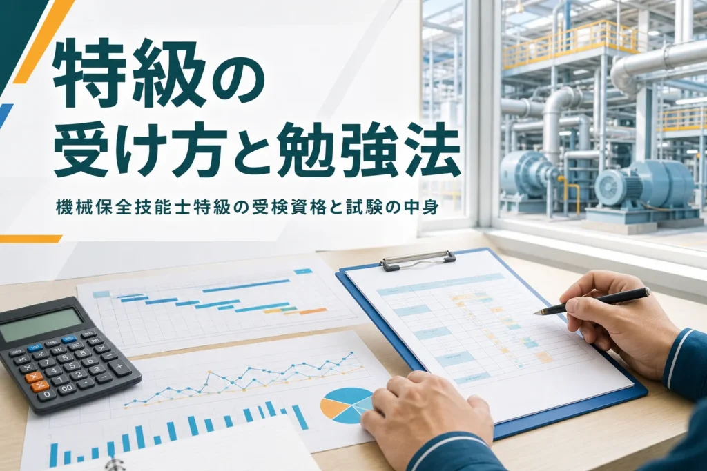 機械保全技能士特級の受検資格と試験の中身、勉強の進め方を紹介する記事のアイキャッチ。工程表と管理図が置かれた机