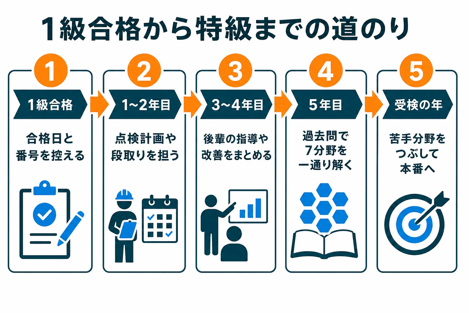1級合格から特級の受検までの5年間の流れと、時期ごとの準備を示した図解
