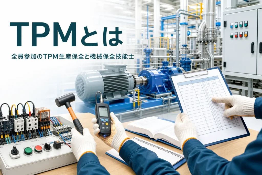 TPMとは何か、全員参加の生産保全と機械保全技能士の関係を紹介する記事のアイキャッチ。工場の設備の前で点検表を確認する手元